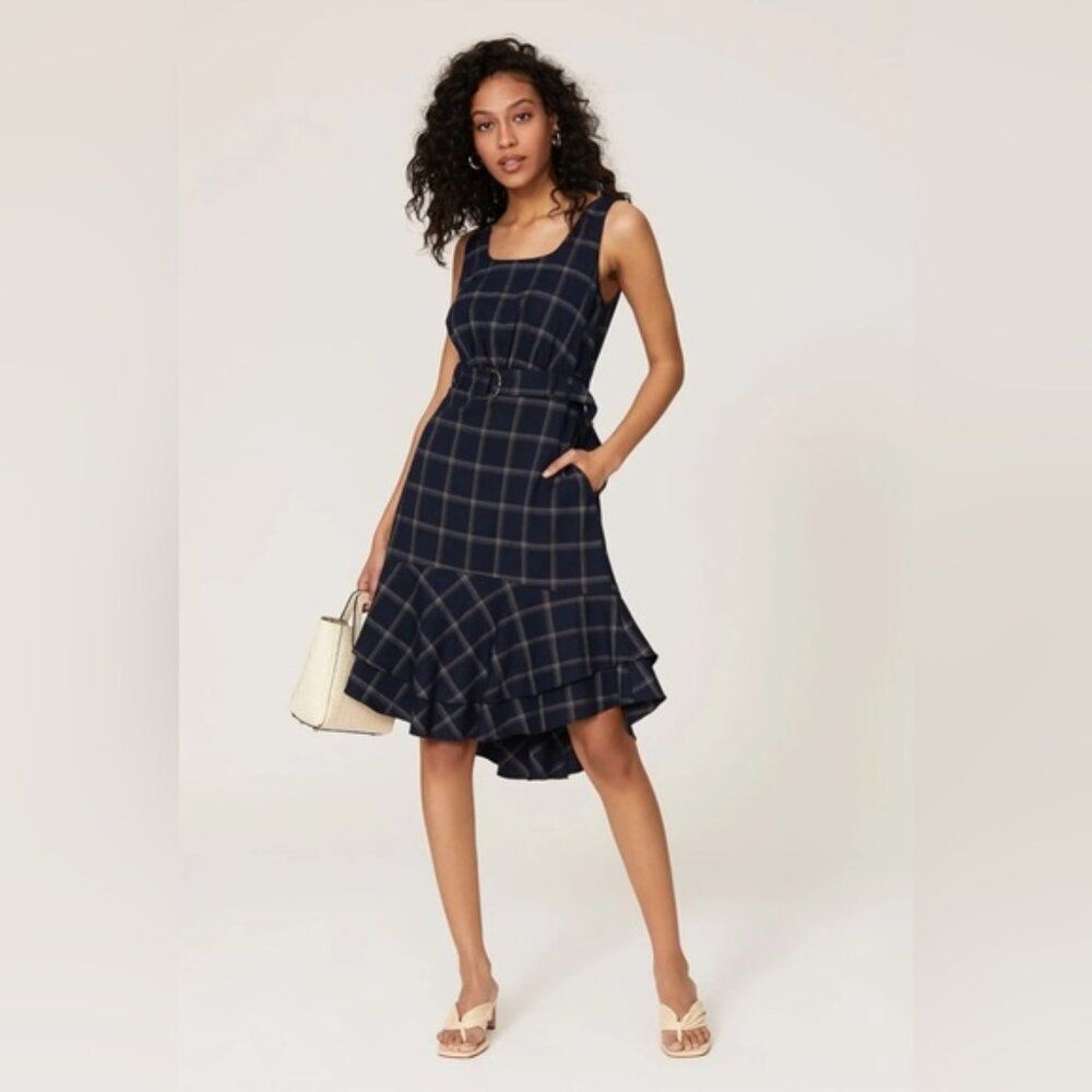 Great Jones Navy Plaid sleeveless flounce hem belted Dress Small - Picture 9 of 10